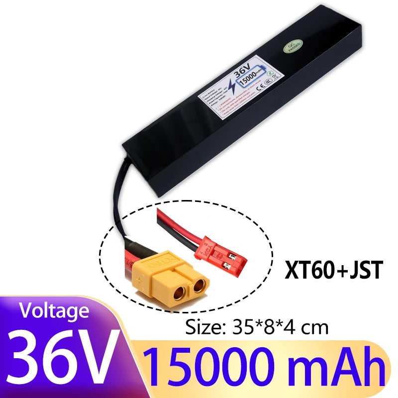 E2S Batterier 36V 15Ah batteri for elsparkesykkel, viser et svart batteri med merkepåtrykk og ledninger for tilkobling