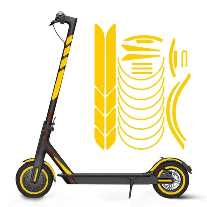 Reflekterende klistremerker for elsparkesykkel, E2S Batterier dekor- og sikkerhetssett for Xiaomi og Ninebot, vises på bildet.