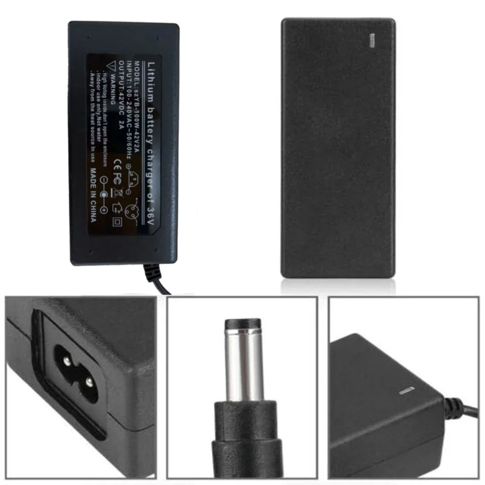 Lader for 42V 2A lithiumbatteri, E2s V2, Xiaomi Mijia Ninebot 5, viser ladeenheten og tilkoblingsporter